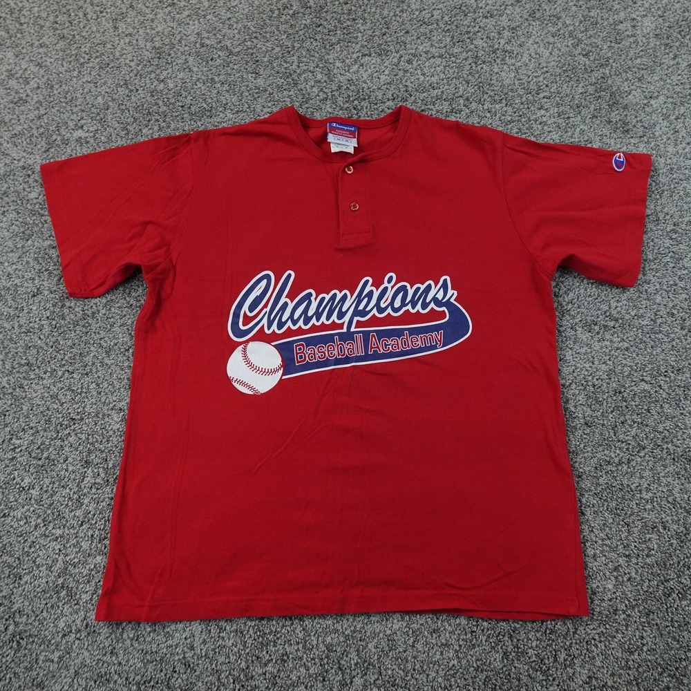 VTG Champion Shirt Mens M Red Baseball Henley Jersey Graphic Tee Top 90s Y2K